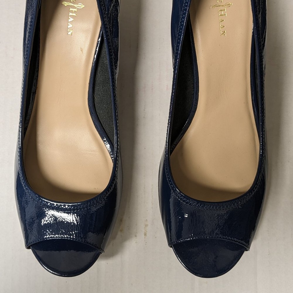 Cole Haan Navy Patent Peep Toe Wedges